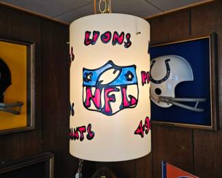 Lot #B34 - Vintage NFL Hanging Light Fixture with Hand-Painted Team Logos and Football Design