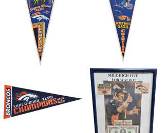 Lot #B37 - Denver Broncos Super Bowl XXXII & XXXIII Champions Vintage Pennants and Framed Memorabilia