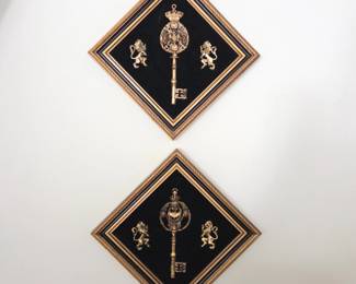 Lot #B50 - Vintage Hollywood Regency Wall Plaque Set – Ornate Gold Keys with Heraldic Lions (Pair)