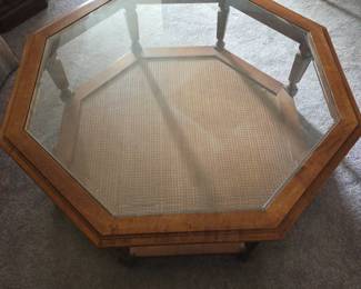 Lot #B54 - Vintage Octagonal Glass-Top Coffee Table – Wood Frame with Cane Shelf