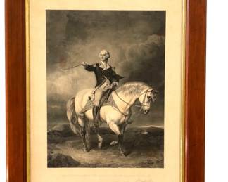 Framed engraving of 1865 George Washington "Receiving a Salute on the Field of Trenton"