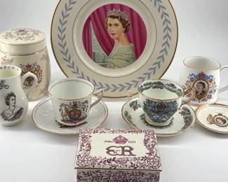 Assortment of commemorative items celebrating Queen Elizabeth II's 1953 coronation