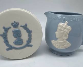 Blue and white commemorative items celebrating Queen Elizabeth II's 1953 Coronation