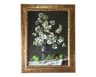 Oil on canvas entitled “Dogwood in Samovar” by Joe Anna Arnett (d. 2024)