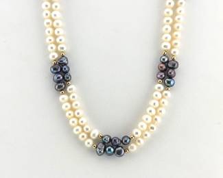 Freshwater cultured white and Tahitian pearl, 14kt necklace; 34"L