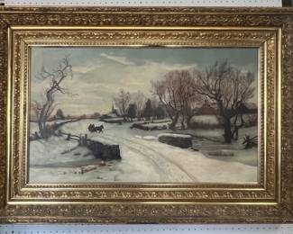 Framed 19th century oil on canvas of winter scene in ornate gilded frame