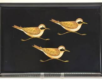 Couroc decorative lacquerware tray depicting a trio of running shore birds