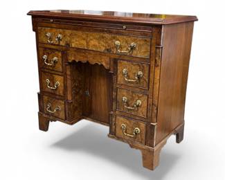 Antique burled walnut veneered knee hole desk