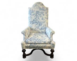Toile covered William and Mary style wing chair in Covington M fabric “Toile Musee”