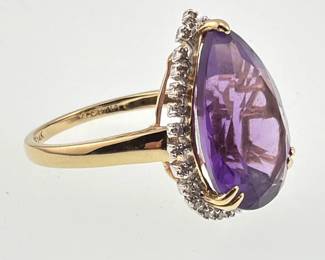 Large 10 ctw tear drop amethyst and diamond accent dinner ring