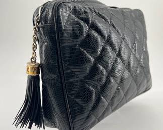 Chanel quilted black lizard camera bag