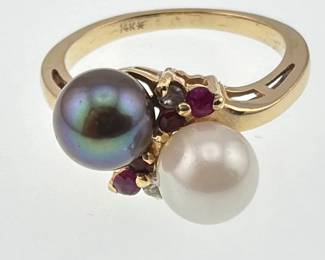 14kt double pearl bypass ring with diamonds and ruby accents