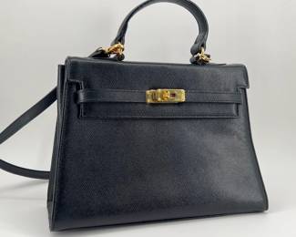 Black pebbled leather Laura Laureta Italian Kelly style bag