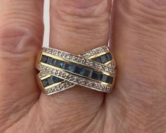 14kt blue topaz and diamond cris cross dinner ring