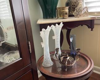 Marble top table, Fenton vases