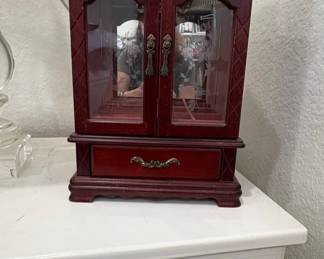 Vintage Wooden Jewelry Box with Glass Doors and Etched Floral Design