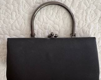 Black Satin Evening Clutch with Metal Frame and Double Ball Clasp