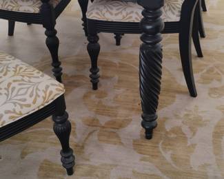 Ethan Allen Dark Wood Dining Table and Chairs Set with Floral Upholstery and Turned Legs
