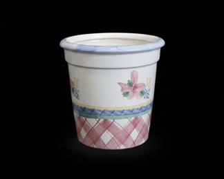 Hand-Painted Ceramic Planter with Floral and Plaid Design