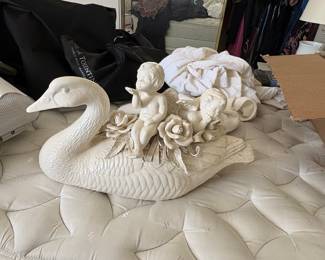 Ceramic Swan with Cherubs and Roses