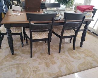 Ethan Allen Dark Wood Dining Table and Chairs Set with Floral Upholstery and Turned Legs