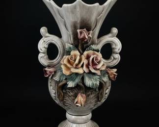 Vintage Capodimonte Porcelain Vase with Applied Roses and Cherub Handles