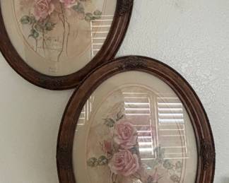 Pair of Oval Framed Rose Lithographs by Marty Bell