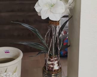 Artificial Amaryllis Arrangement in Decorative Gold Ribbed Vase