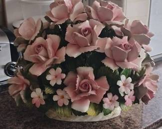 Capodimonte Porcelain Pink Rose Basket Arrangement