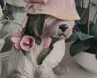 Merrymac Collection Porcelain Dog Figurine with Hat and Flowers