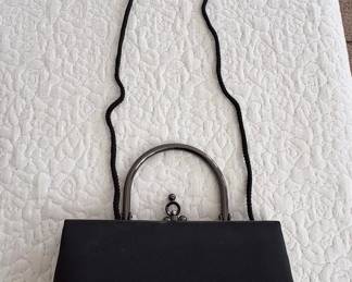 Black Satin Evening Clutch with Metal Frame and Double Ball Clasp