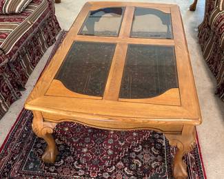 #17	Ball and claw oak coffee table w 4 beveled glass inserts as is finish 48x30x18"	 $45.00 