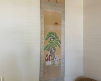 #42	Silk Wall hanging of couple Raking - one of 8 immortals - early 20th Century - As is torn at very bottom where it attahes - 19x77	 $300.00 