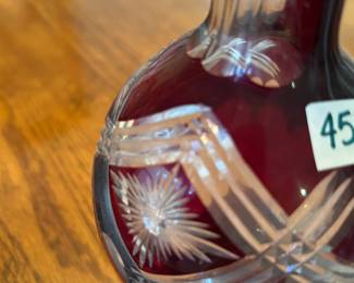 #66	German Ruby Red Cut Glass Decanter w/stopper & 5 shot glasses	 $45.00 