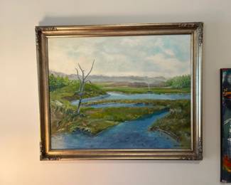 #65	Original oil of Stream w/mountains in a gold Frame - 34x27 signed by J Bowne	 $200.00 