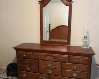 #36	Wood Dresser w/Mirror - (as is watermarks) - 65x18x34  Mirror - 30x45	 $75.00 