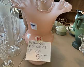 #110	Fenton Glass Pink overlay 10" vase	 $50.00 