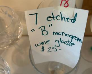 #48	Set of 7 Etched "B" Monogram Wine Glasses	 $25.00 