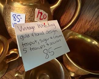 #120	Vintage Wheeling Gold Floral Design Teapot, Sugar & Creamer 5 Teacups & Saucers	 $85.00 