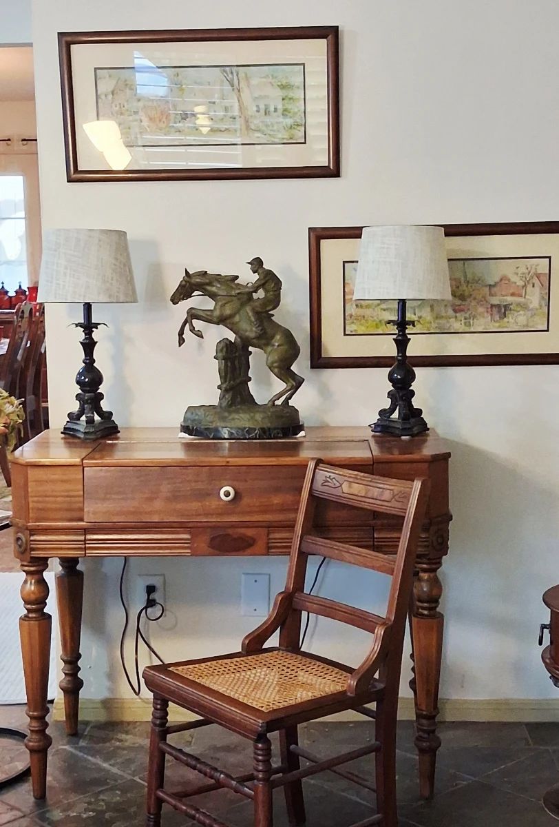 Amazing Antique Spinet Desk with Bronze Antoine Bofill Jockey 