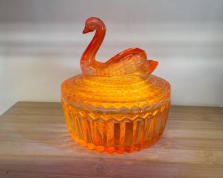 Vintage Jeannette Amberina glass Swan Lid Powder Jar - Glows! - $24 (or best offer)