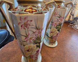 Pair of Hand-Painted Nippon Porcelain Vases with Gilt Handles