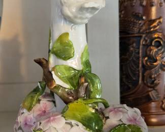 Porcelain Figurine of a Bird on a Branch with Hydrangeas