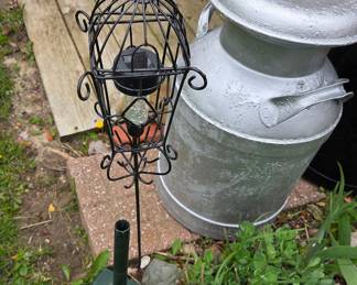Galvanized Metal Milk Can and Wire Caged Solar Lantern