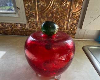 Blenko Ruby Red Art Glass Apple Paperweight with Green Stem