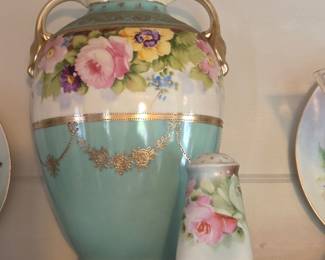 Hand-Painted Porcelain Vase and Salt Shaker Set with Floral Motif - Nippon