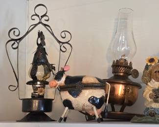 Vintage Cow Trinket Box and Oil Lamps