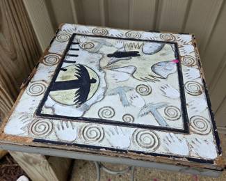 Vintage Folk Art Painted Oyster Shucking Table with Bird Motif
