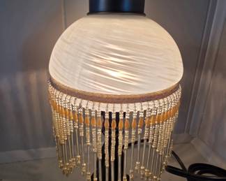 Vintage Beaded Table Lamp with Frosted Glass Shade and Amber Beads