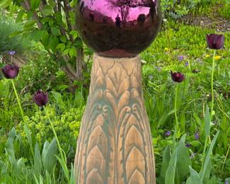 Purple Mirror Gazing Ball with Carved Pedestal